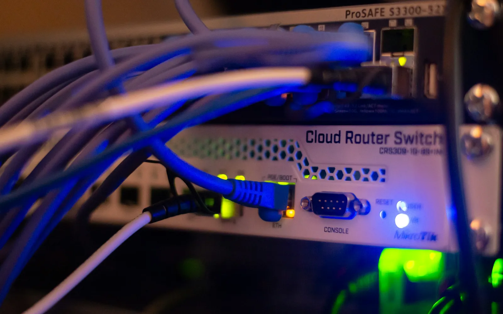 Network cabling patched into a switch