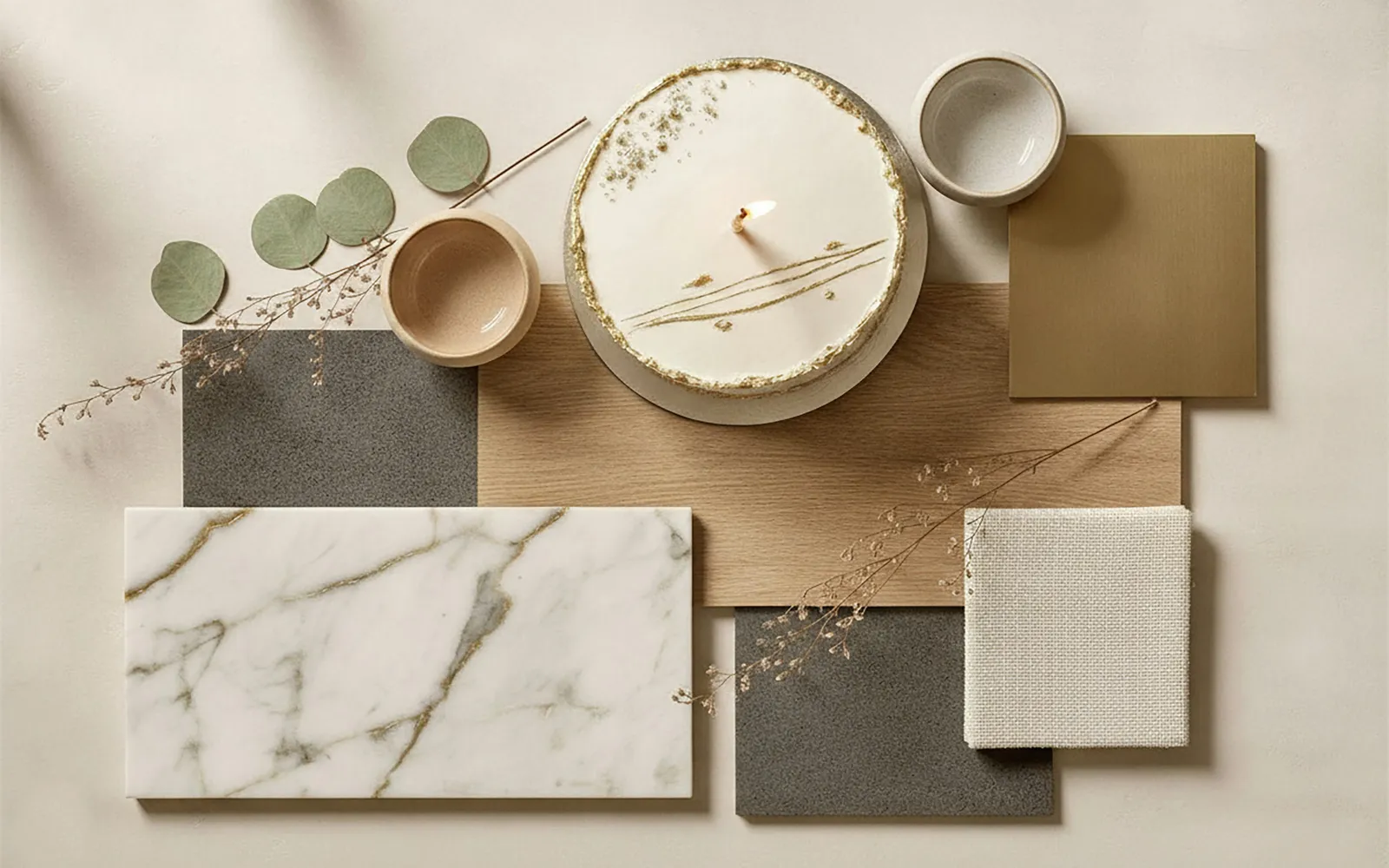 A flat lay of stone and paper material samples