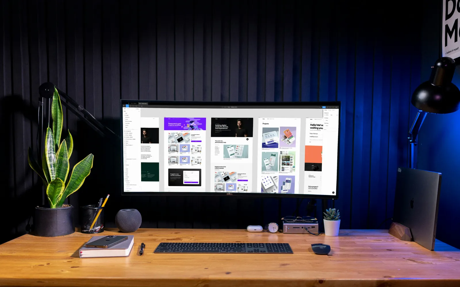 A designer workspace lit blue at night