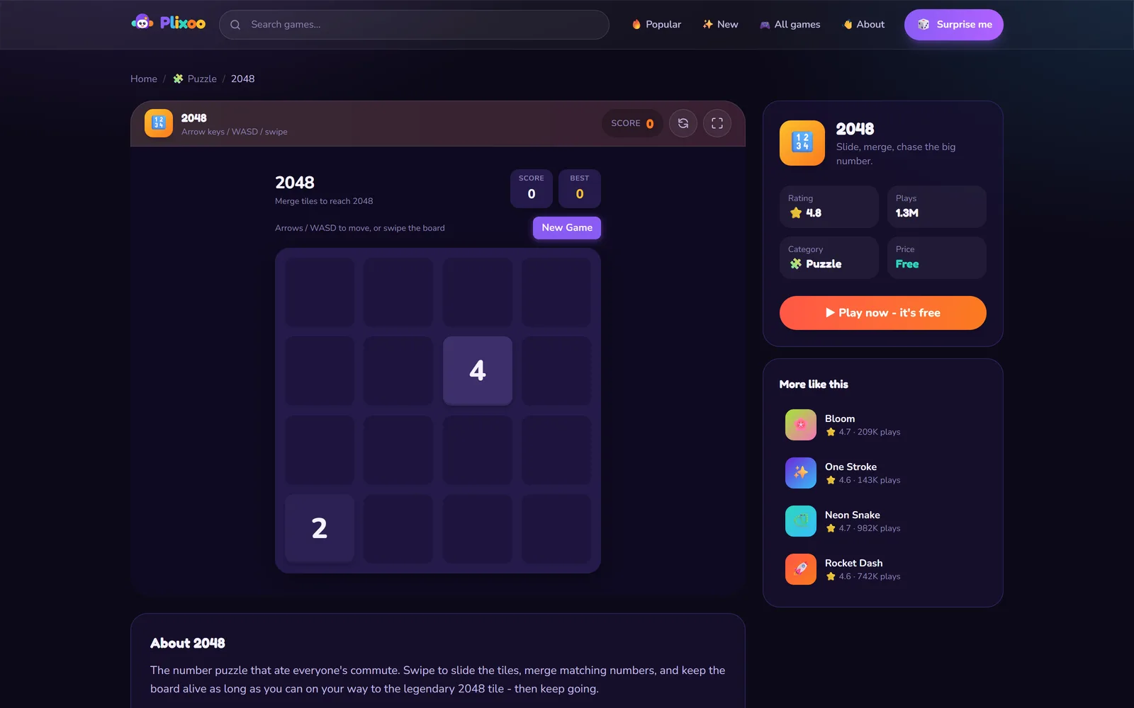 A game page. The board is a React component, not an embedded iframe.