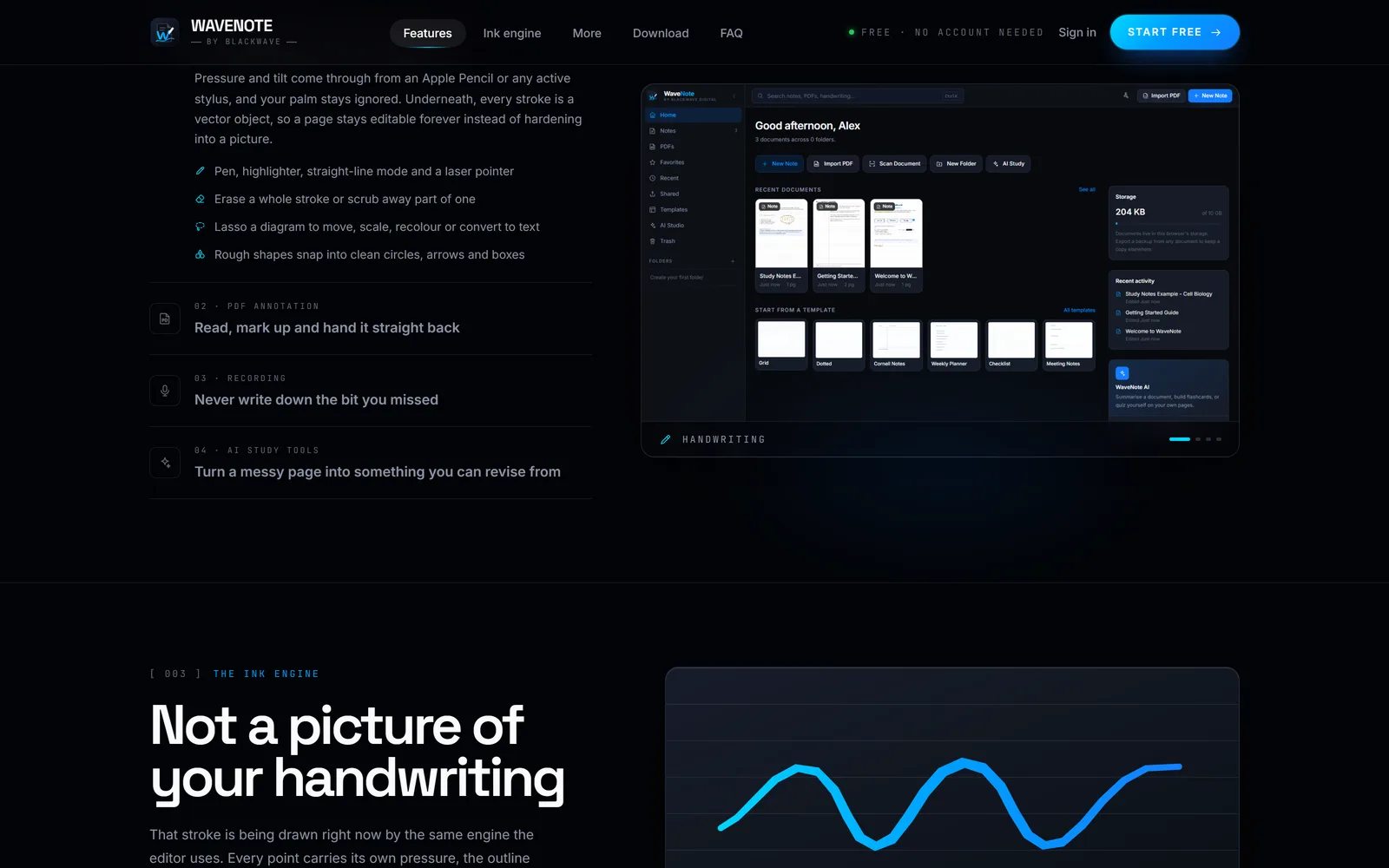 One workspace: notes, PDFs, templates and AI study tools over a single library.