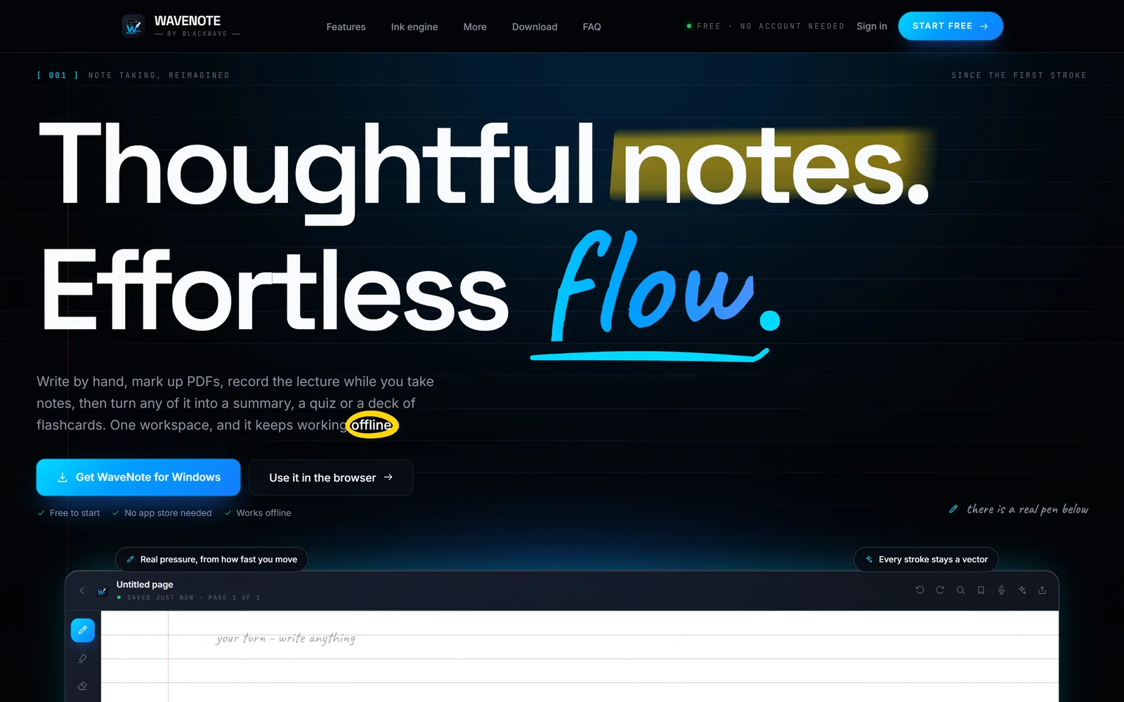 WaveNote — Offline-first notes app. Handwriting stays vector, PDFs stay searchable, and the lecture audio lines up with your strokes.